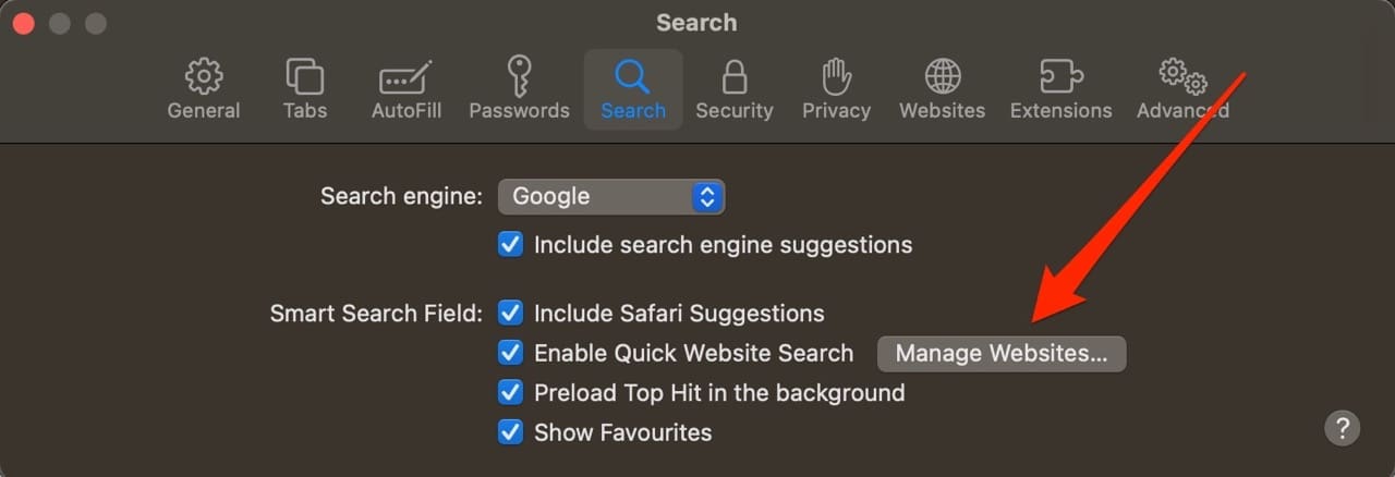 Screenshot showing how to manage websites in Safari for Mac 