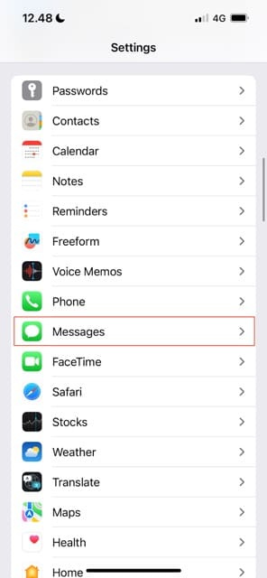 Screenshot showing the Messages tab in Settings on iOS