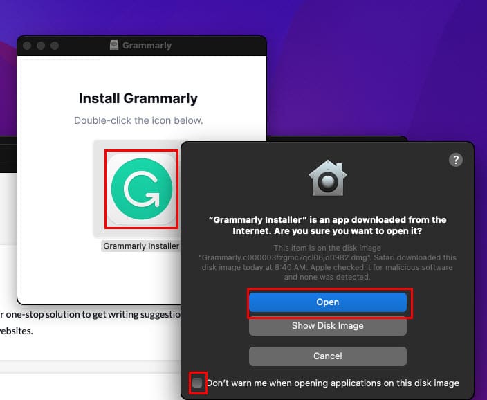 On the Grammarly pop up, double-click to add the app