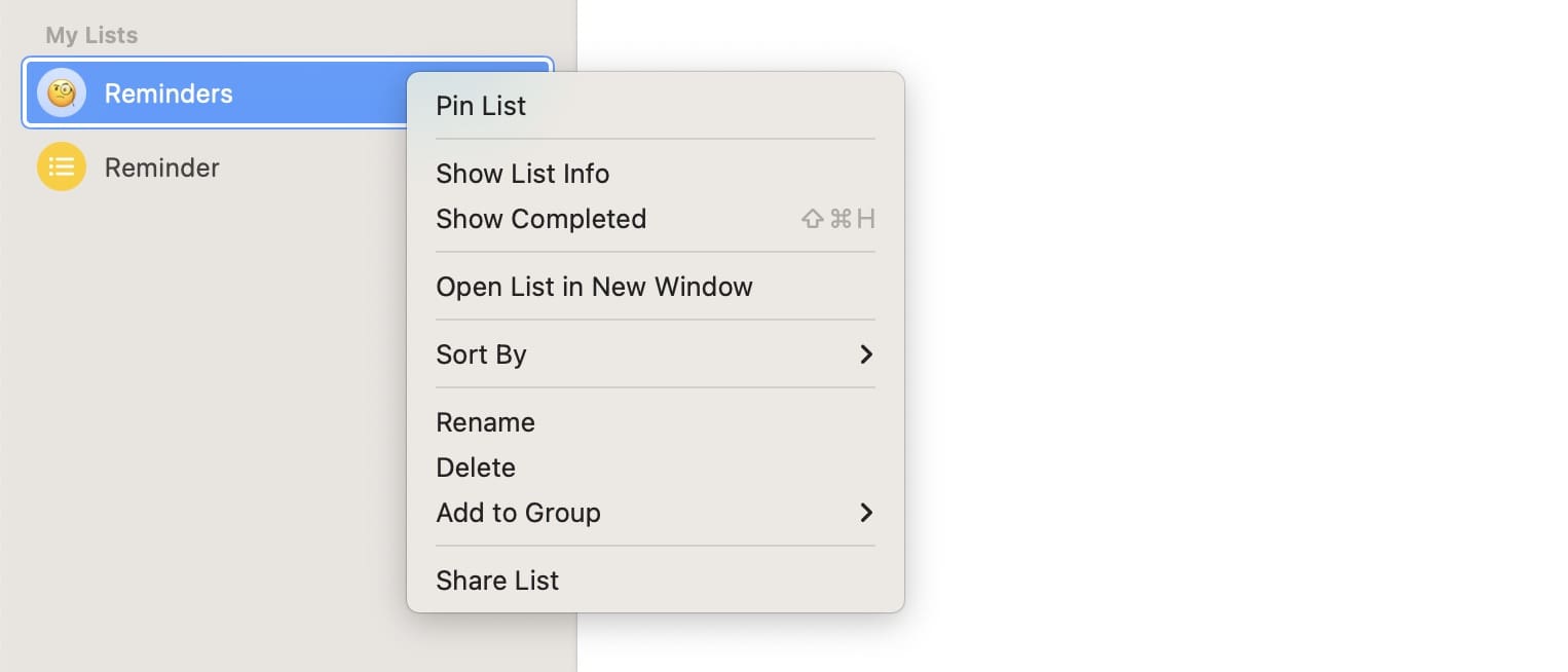 Screenshot showing how to pin a list in the Reminders app