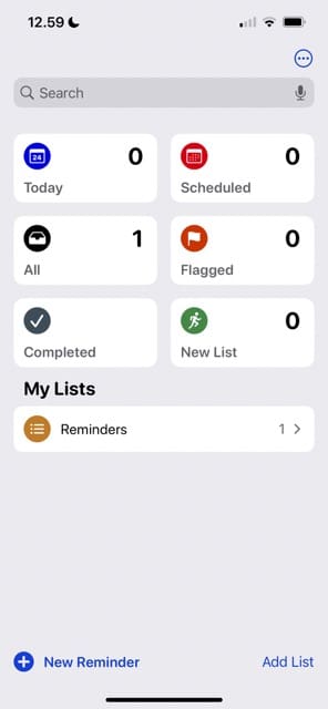 Screenshot showing a pinned list in Reminders on iOS