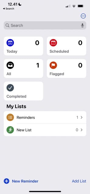 Screenshot of Reminders app