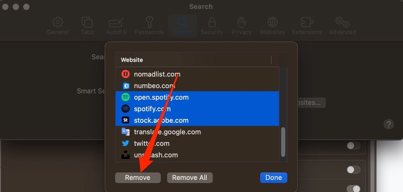 Screenshot showing how to remove websites in Quick Website Search on macOS
