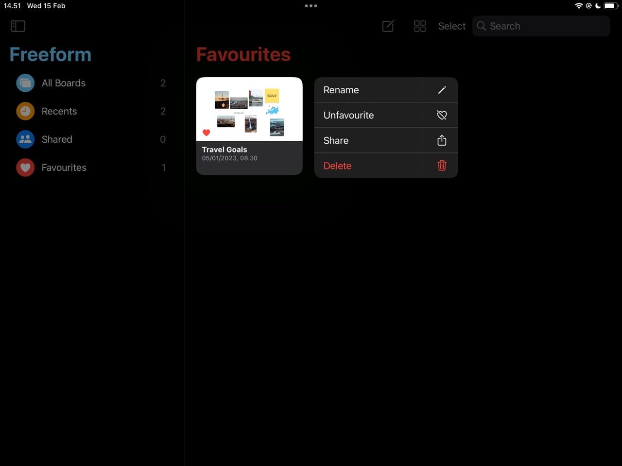 Screenshot showing how to rename a canvas in Freeform for iPad