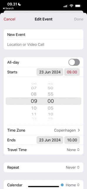 Screenshot showing how to reschedule an event in Apple Calendar for iOS