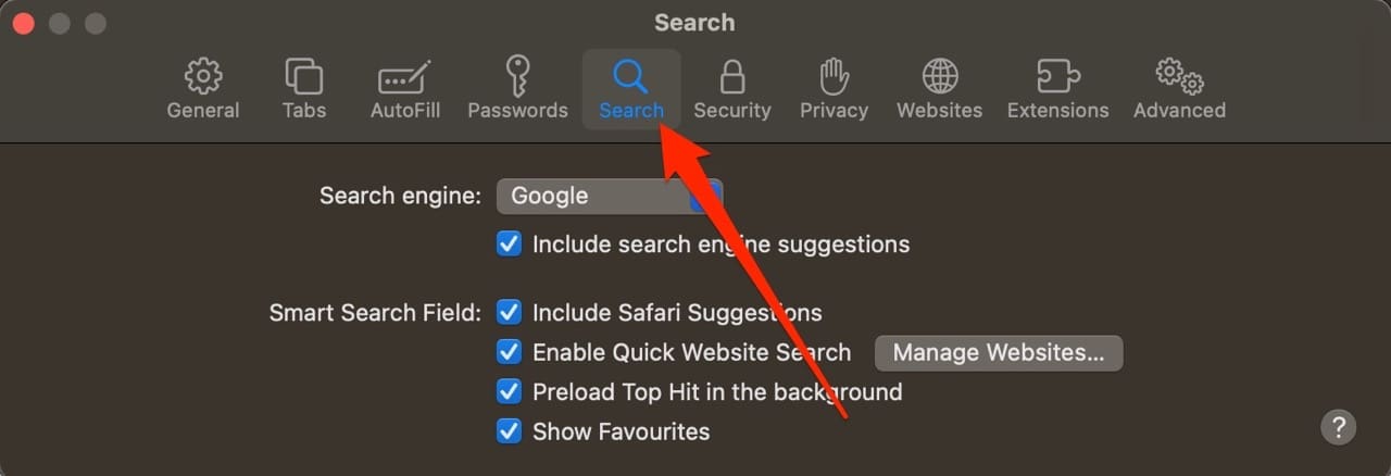 Screenshot showing the Search tab in Safari