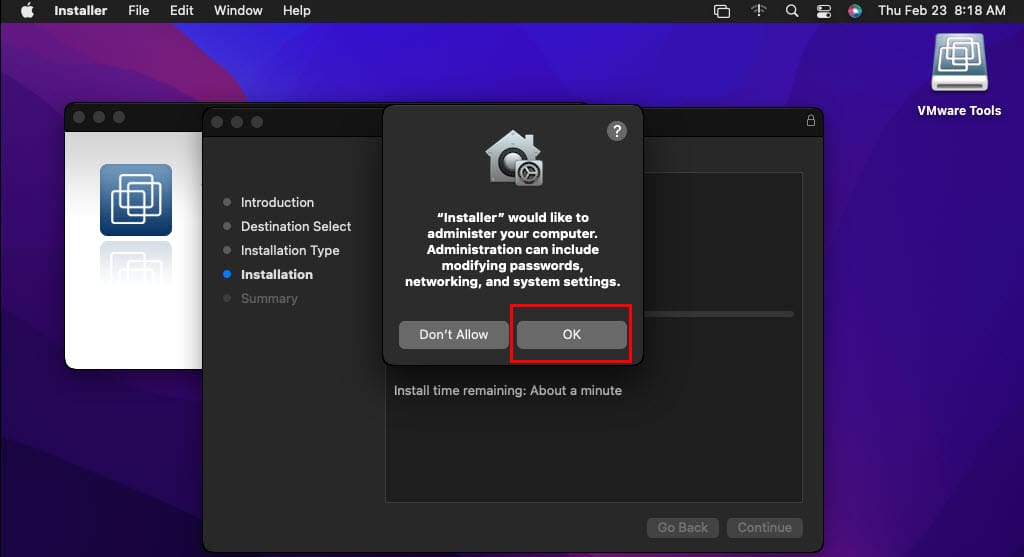 Select OK to allow the installation to complete