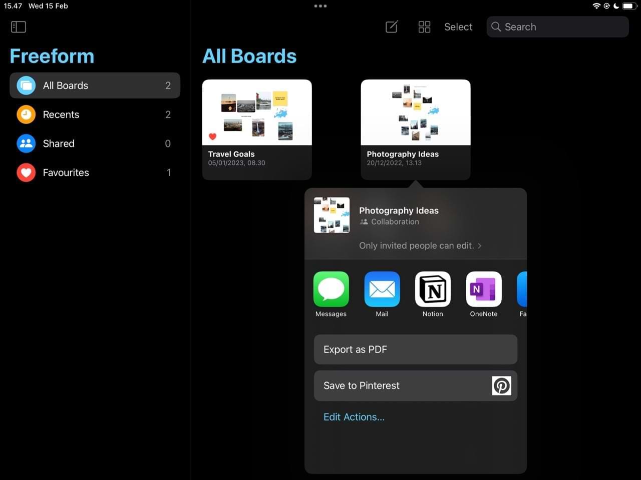 Sharing Options for Others iPad Freeform Screenshot