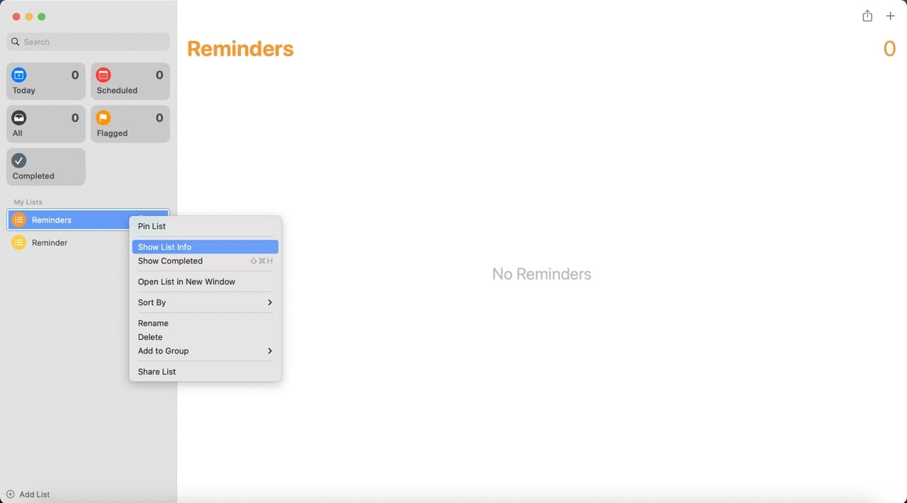 Screenshot showing the Show List Info option on Reminders
