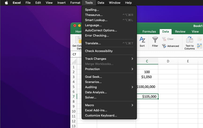 Solver tool on Tool bar of Excel app on Mac