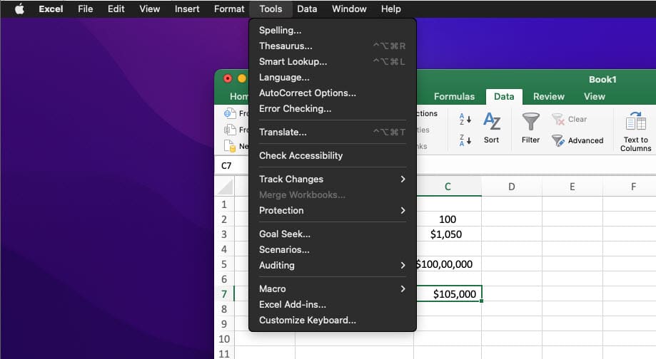 The Excel App Menu on macOS and going to the Tools