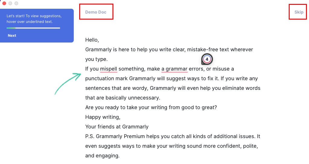 The demo doc on Grammarly app