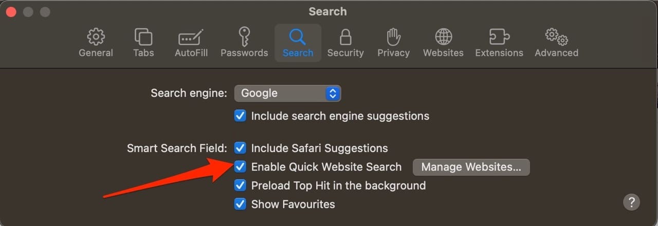 Screenshot showing how to turn off the Enable Website Quick Search option on Mac