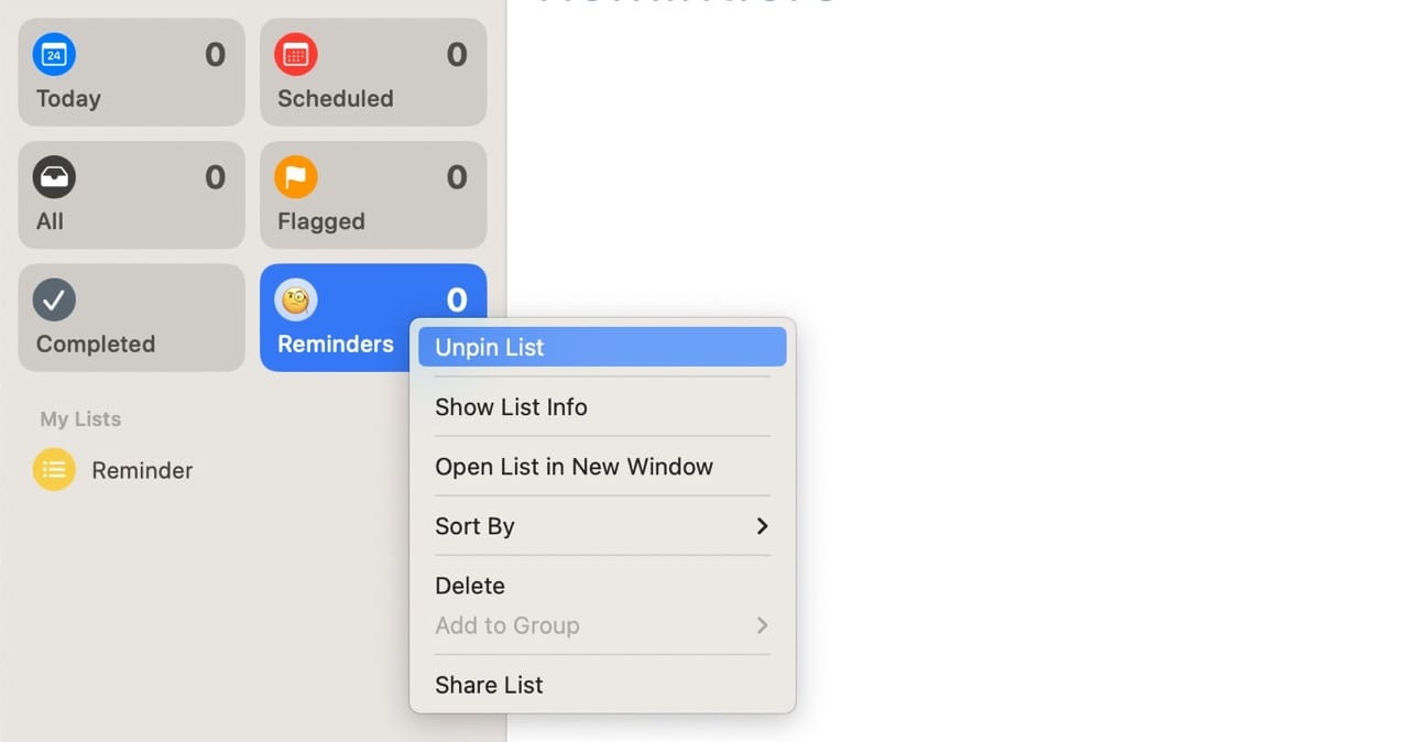 Screenshot showing how to unpin lists in Reminders on macOS