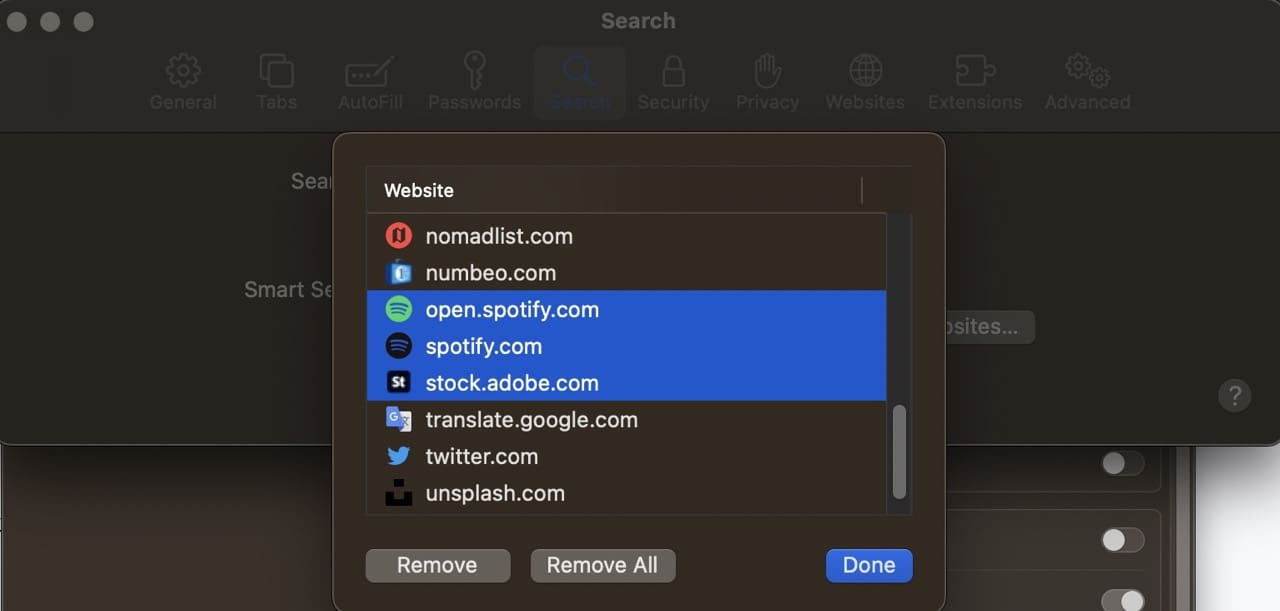 Screenshot showing a list of websites in Quick Website Search on Safari