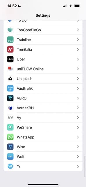 screenshot showing apps in ios settings
