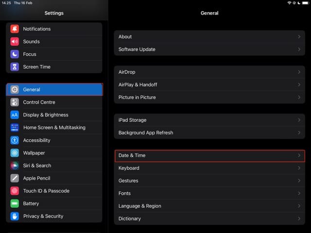 iPad Settings and General Screenshot