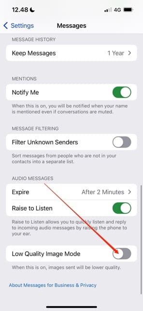 Screenshot showing how to turn on Low Quality Image Mode in iMessage
