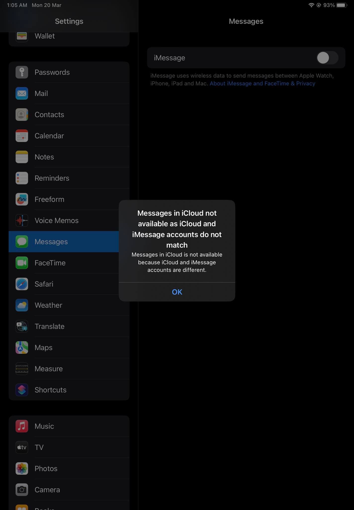 A screenshot for Messages in iCloud not available error on iPad
