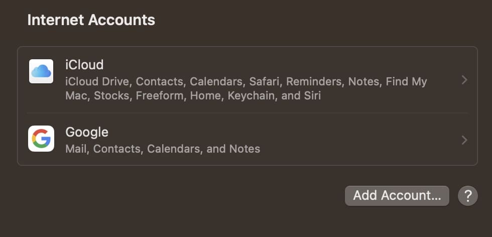 Screenshot showing how to add an internet account on Mac