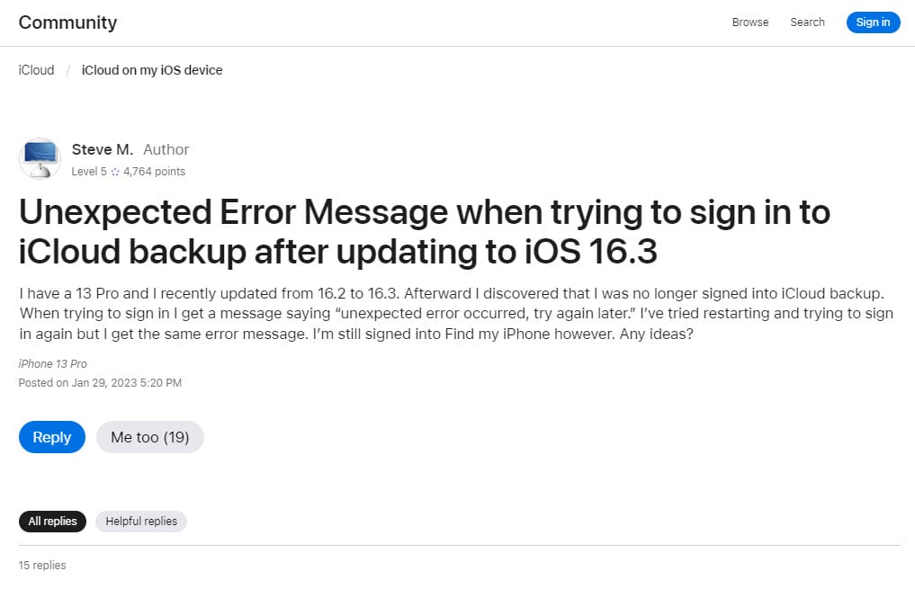 Apple community thread for an unexpected error occurred iCloud