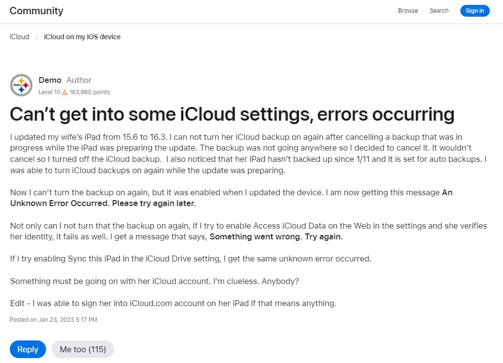 Apple community thread for an unknown error occurred iCloud