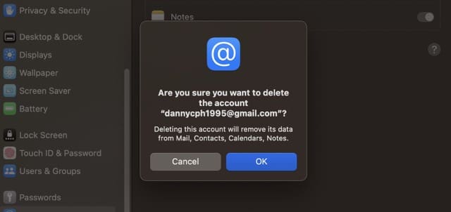 Screenshot showing how to confirm account deletion on Mac Internet Accounts