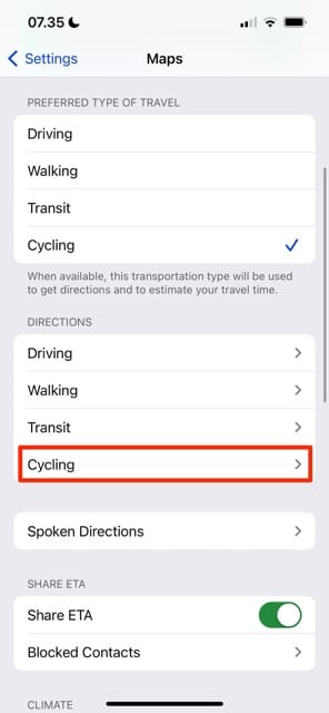 Cycling Settings Apple Maps iOS Screenshot