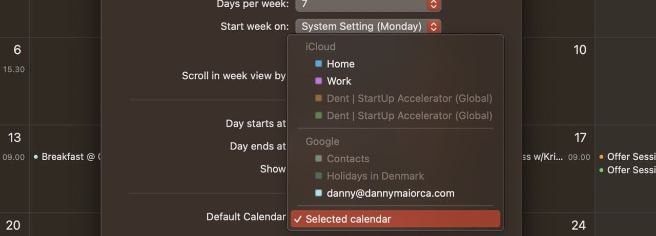 Default Calendar Settings macOS Screenshot