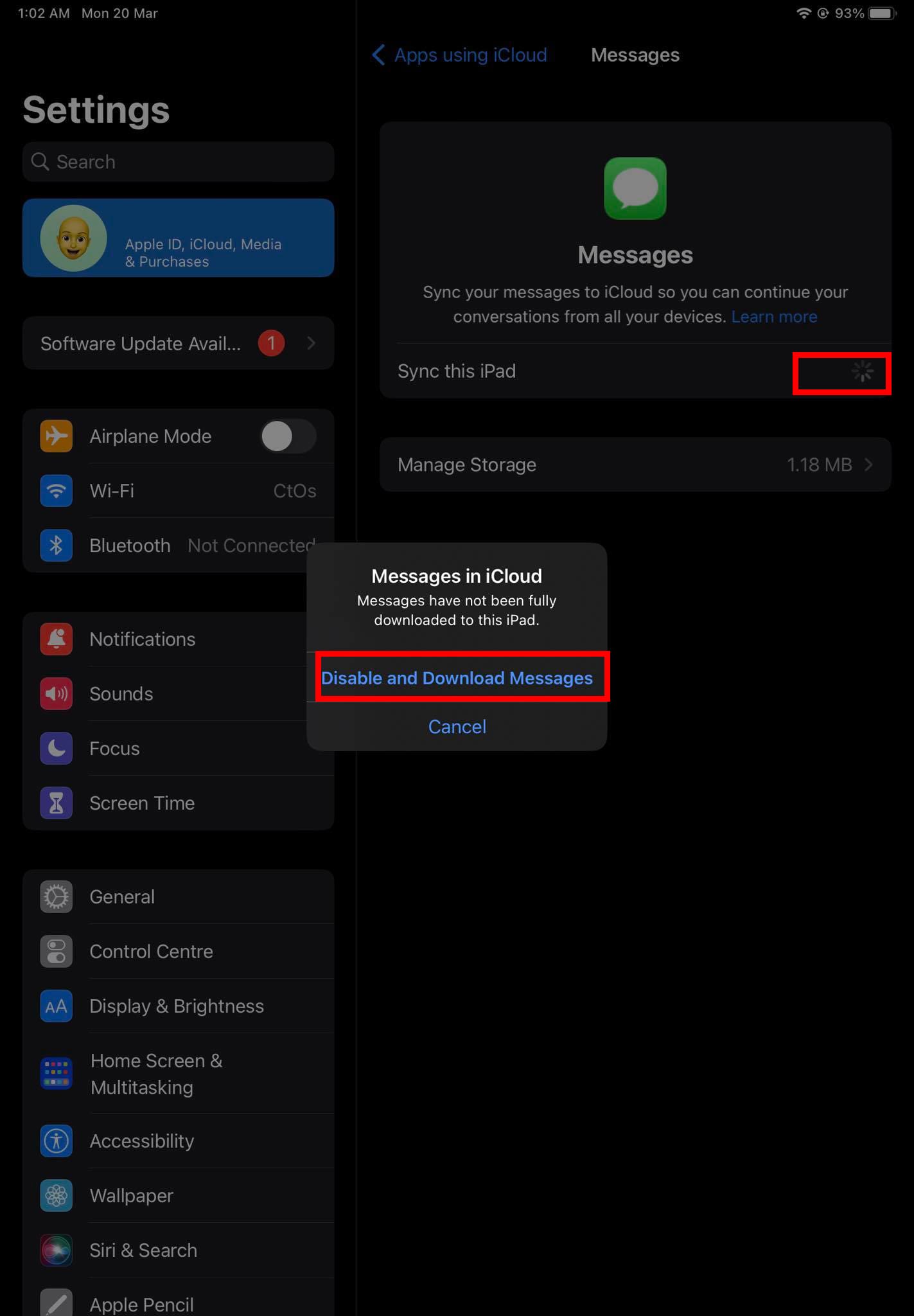 Disable sync for Messages on iCloud