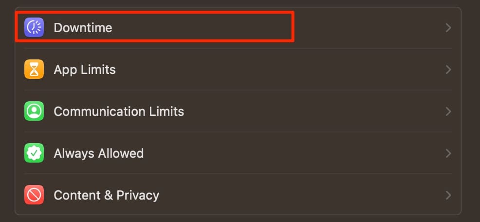 Downtime Turn on in Screen Time macOS Screenshot