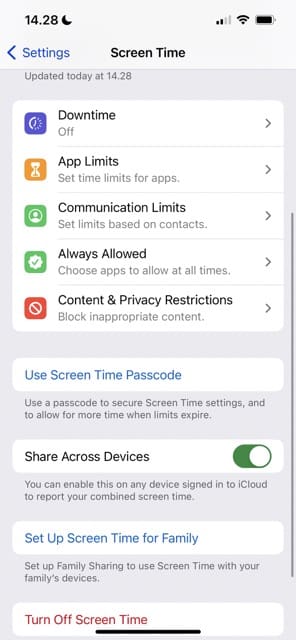 Downtime in Screen Time iOS Screenshot