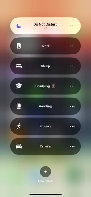 Screenshot showing the different Focus Mode settings on iPhone Control Center