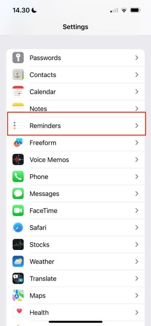 Reminders Settings iOS Screenshot