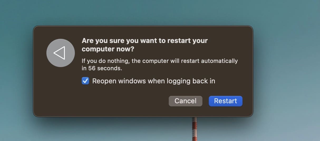 Reset Mac Pop-Up Screen Screenshot