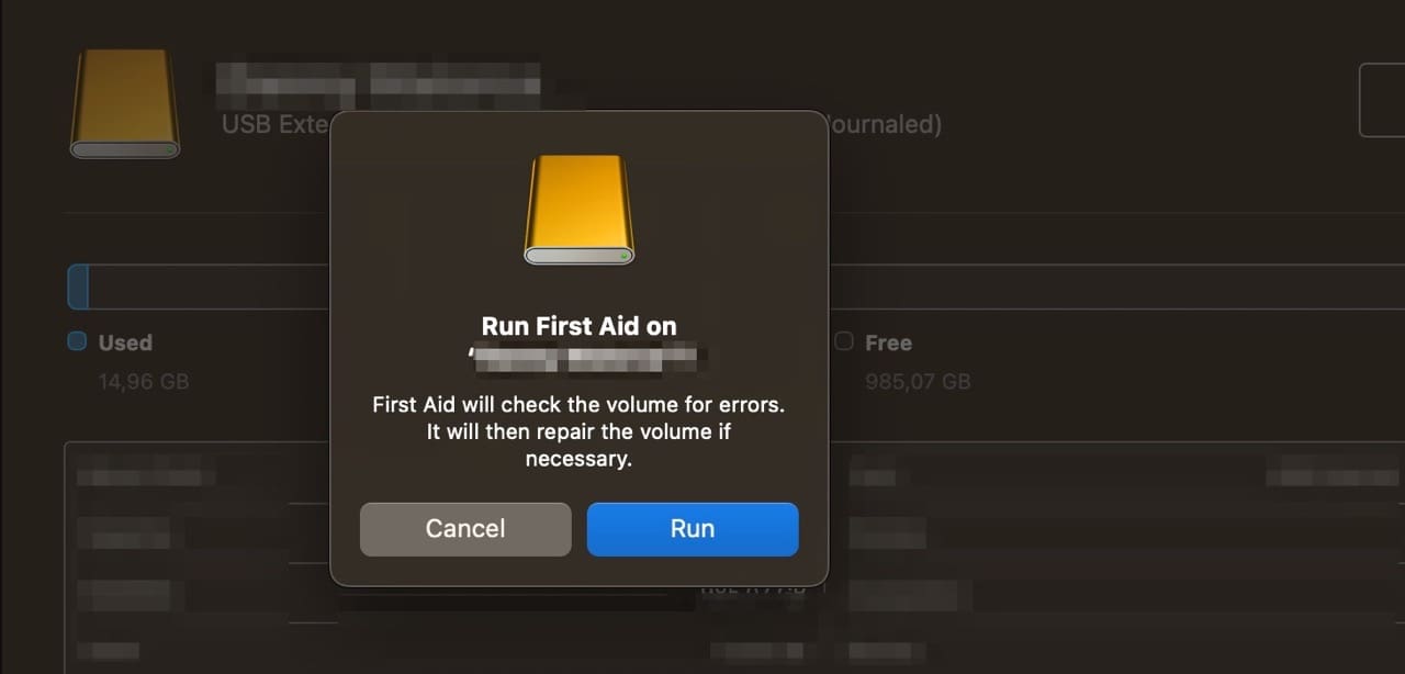 Run Disk Utility Pop-up Screenshot