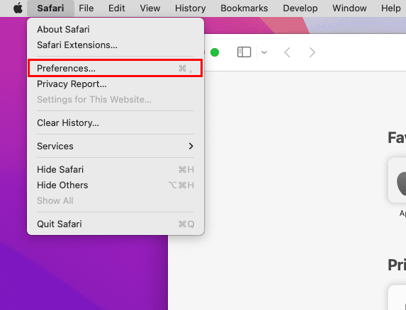 Safari Preferences menu on Mac toolbar