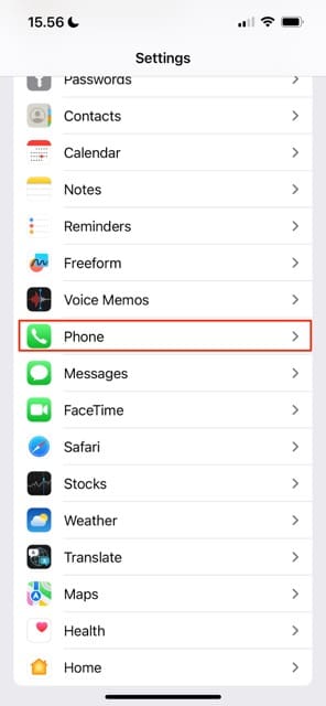 Screenshot showing how to select the Phone option in iOS
