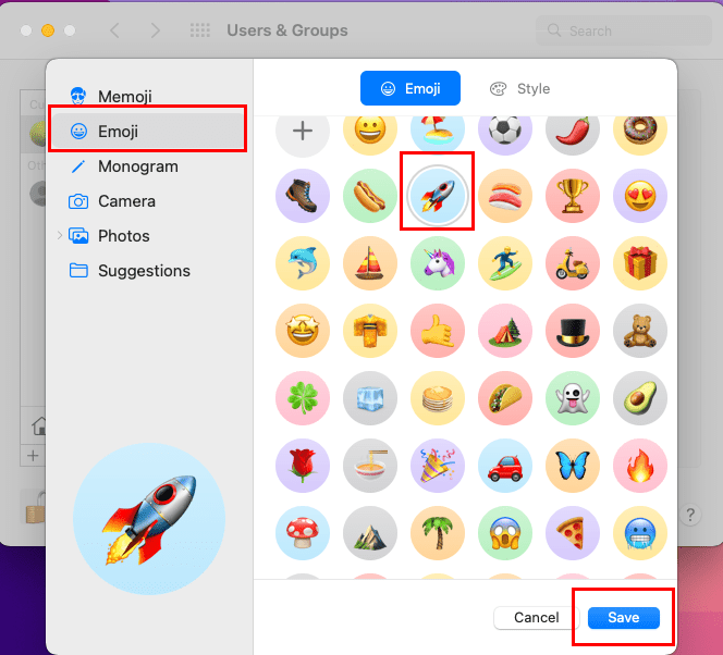 Selecting an Emoji to change Mac login picture