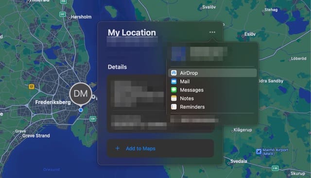 Sharing Options Apple Maps Mac Screenshot