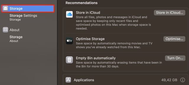 Storage Option Mac System Settings Screenshot