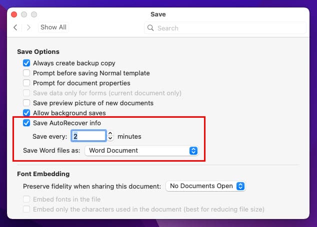 The AutoRecover feature location of Word on Preferences Output & Sharing Save