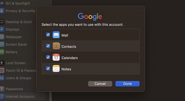 Screenshot showing how to tick boxes for internet accounts in macOS
