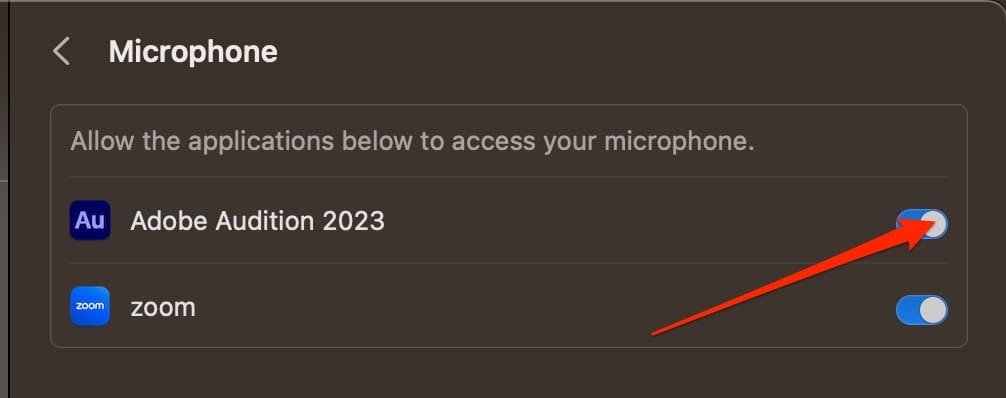 Screenshot showing how to turn off microphone access for Mac