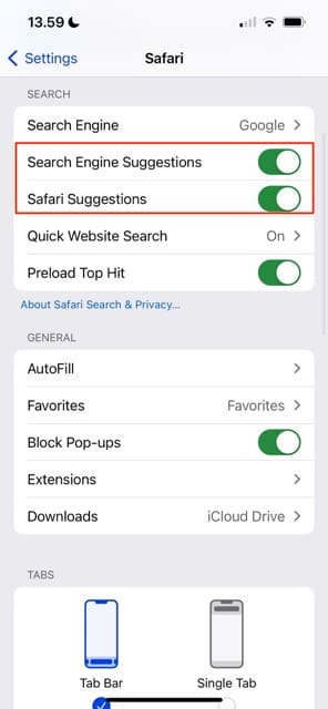 turn off safari search suggestions