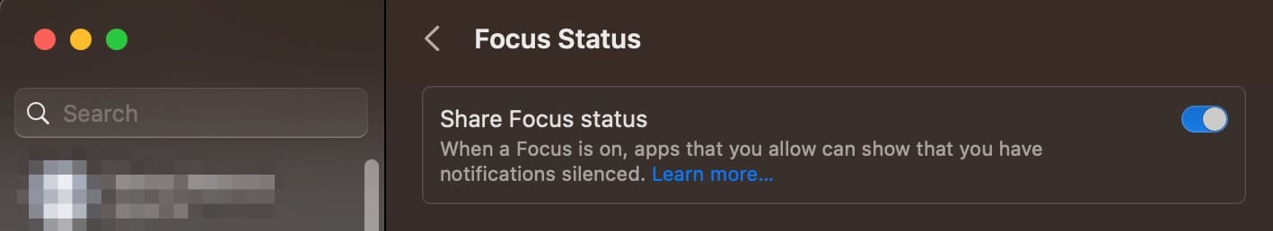 Turn on Focus Status Mode Sharing Mac Screenshot