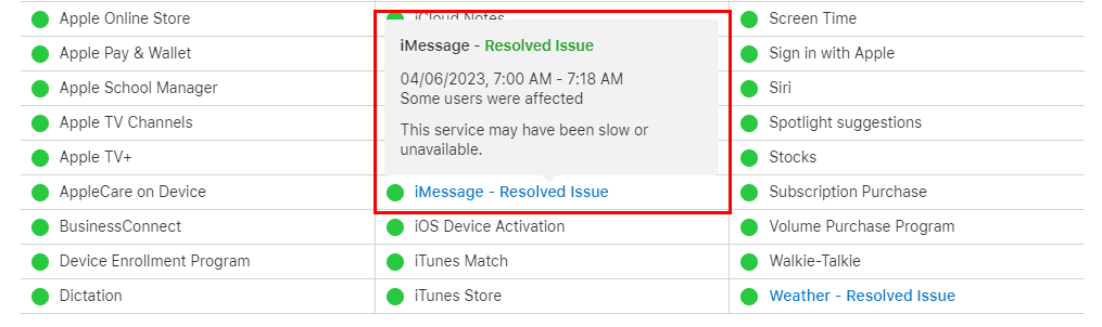 Apple System Status iMessage
