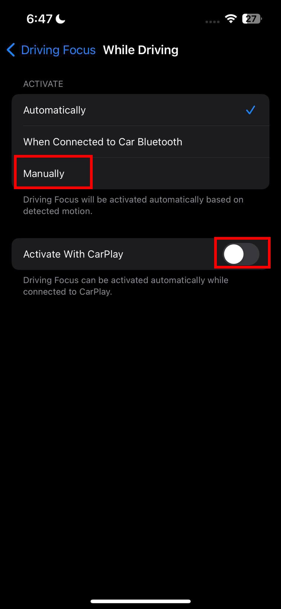Deactivate CarPlay and activate Manual Driving Focus