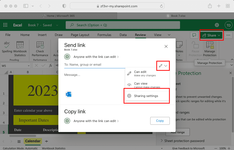 How to access Share settings on Excel web app
