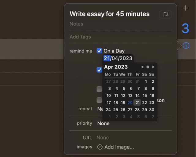 Reminders Adjust Time and Date Mac Screenshot